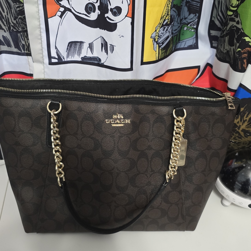 Coach Signature Brown Tote with Gold Chain